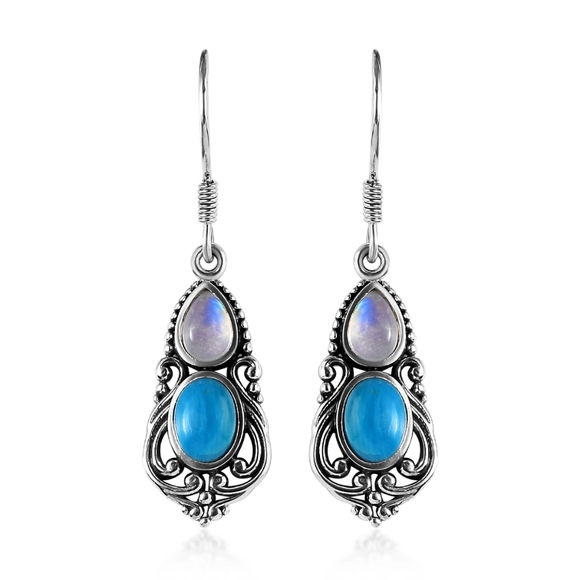 NWT PERUVIAN OPALINA & MOON GLOW MOONSTONE LEVER BACK STERLING SILVER EARRINGS - Picture 1 of 7